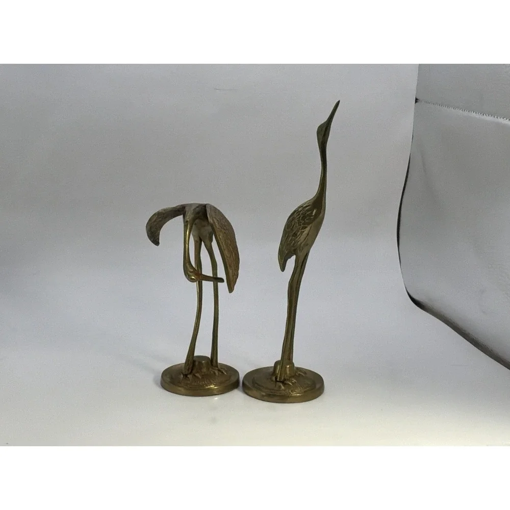Vintage MCM Brass Bird Pair of 2 Crane Heron Egret Large Figurines 8.5 In 5 In